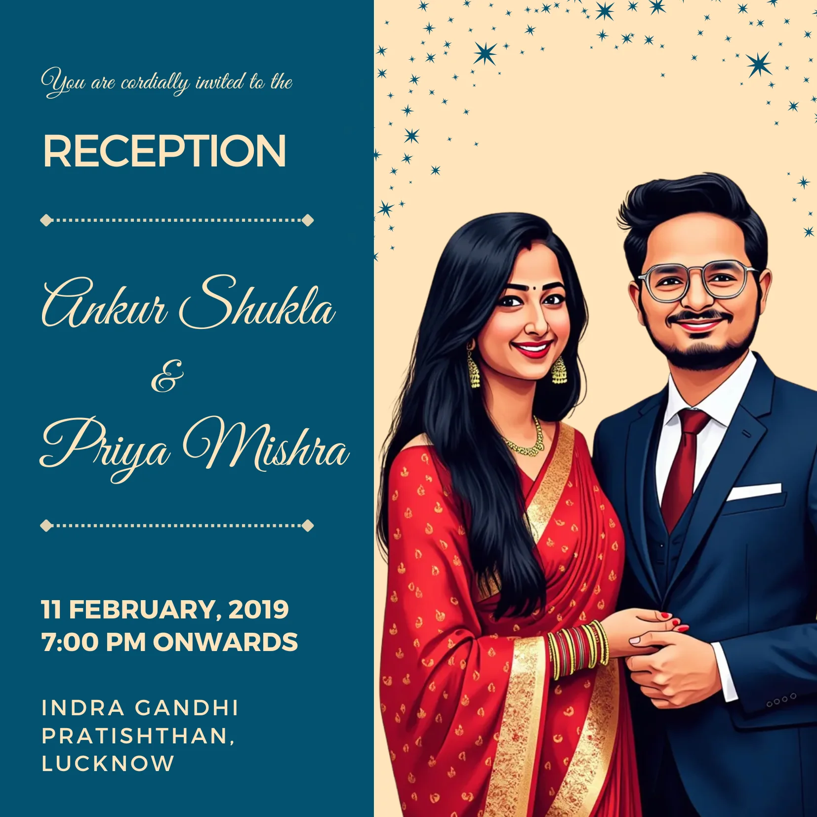 Yellow and blue traditional minimal Indian wedding reception invitation